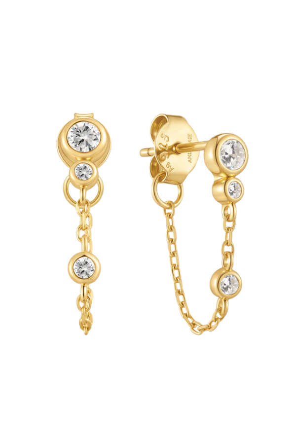 Bezel Set Drop Chain Stud Earrings