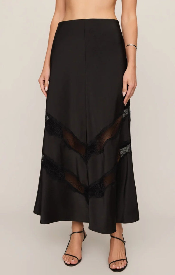 kori lace inset skirt black satin midi skirt with sheer lace inset front