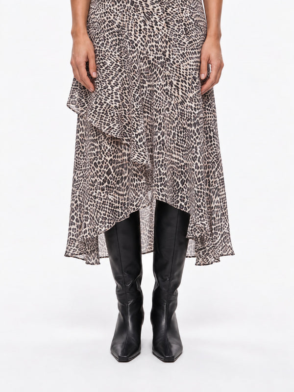 cindy skirt taupe leopard print ruffle midi skirt front