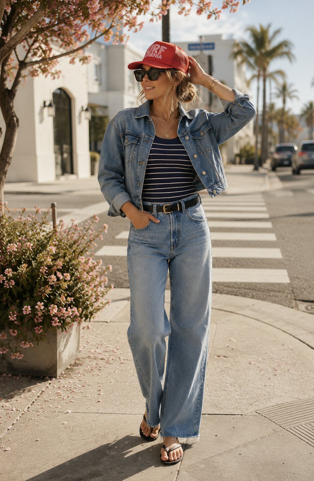 School pickup outfit from Shop Common Thread, a cropped denim jacket over a striped tee with light wash wide leg jeans