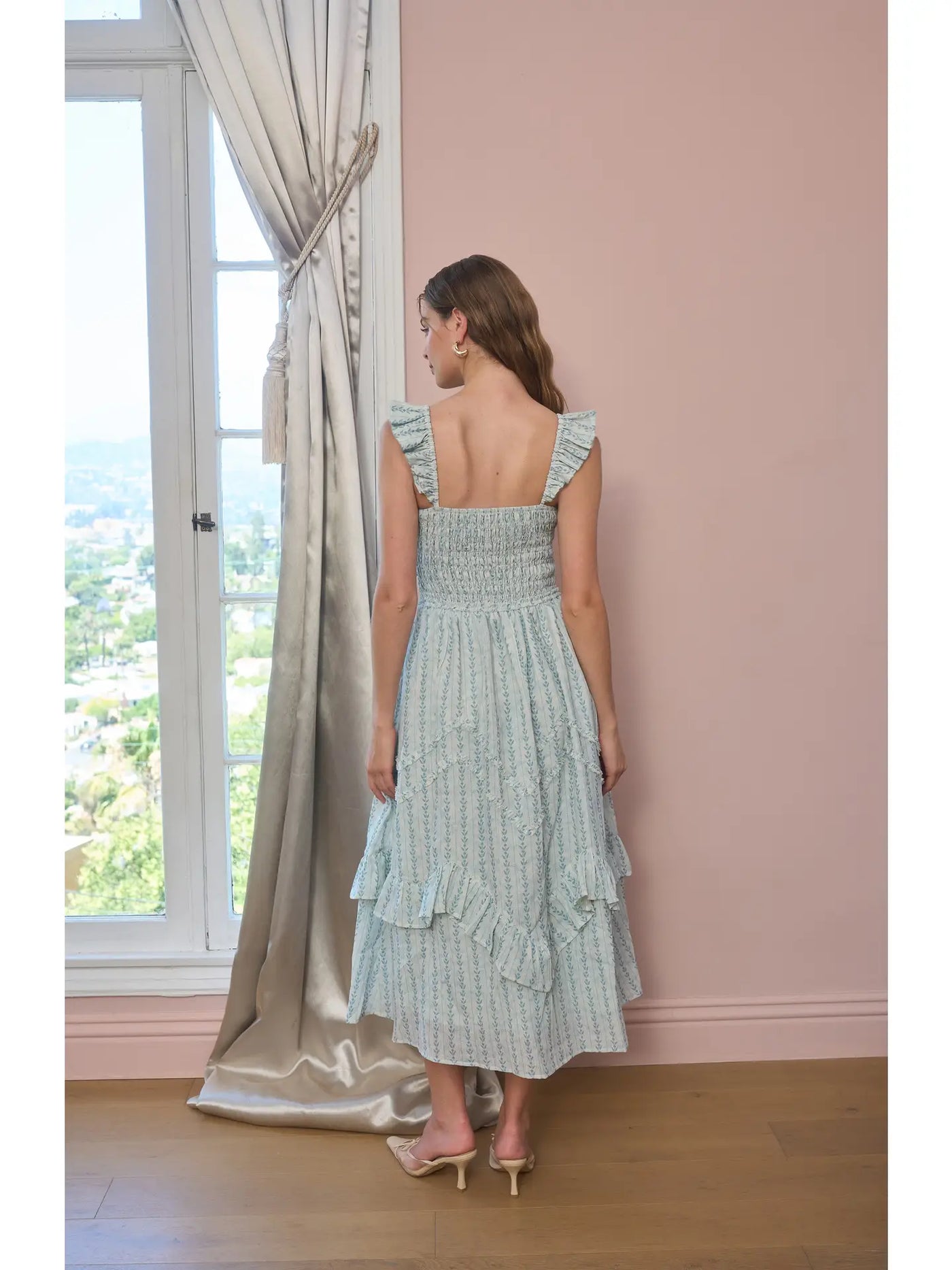 sleeveless smocked ruffle midi dress Smocked Ruffle Strap Midi Dress