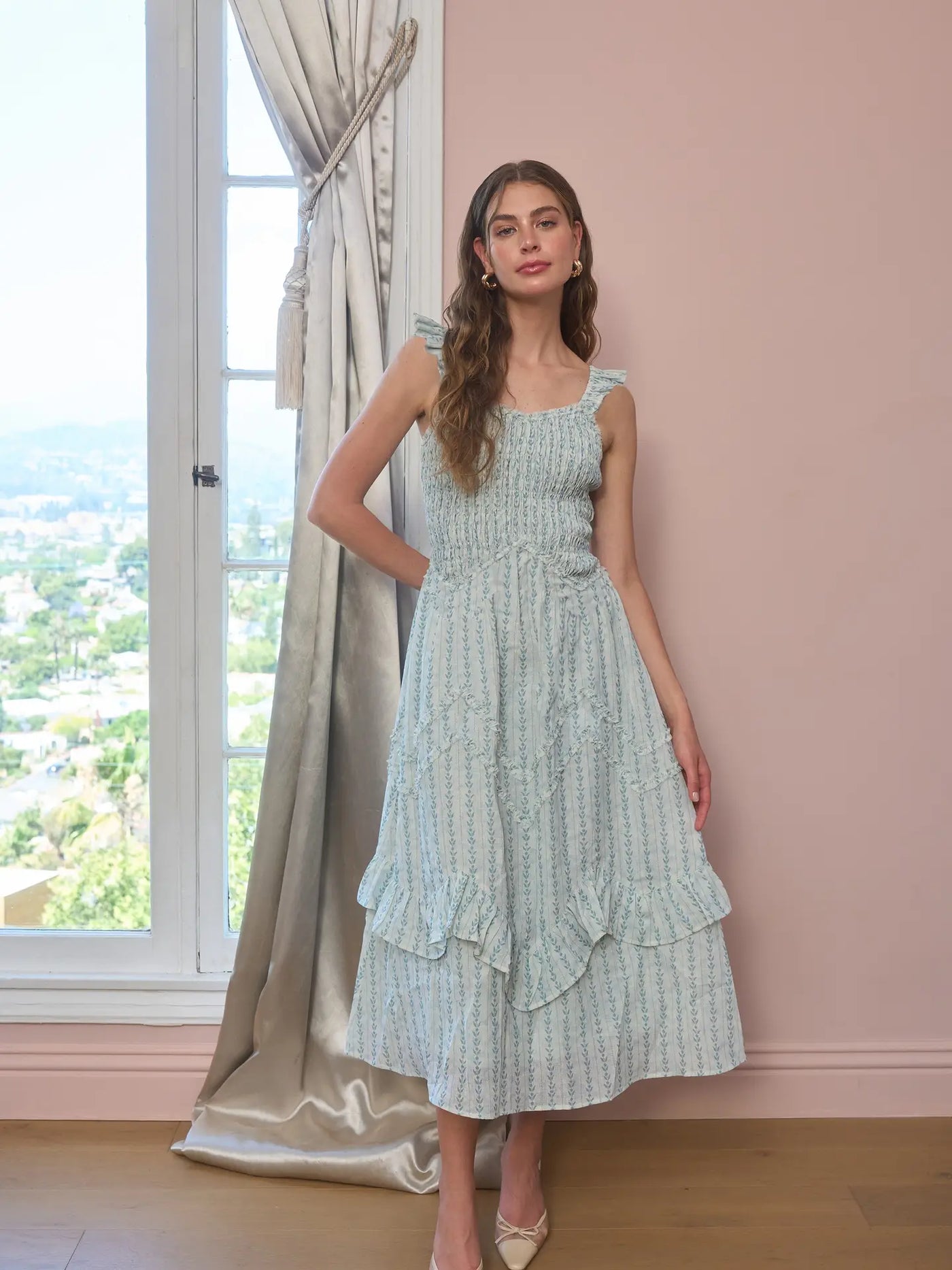 ruffle strap midi dress Smocked Ruffle Strap Midi Dress