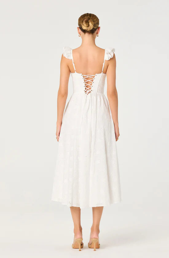 Wedelia Ruffle Strap Eyelet Corset Midi Dress White / L