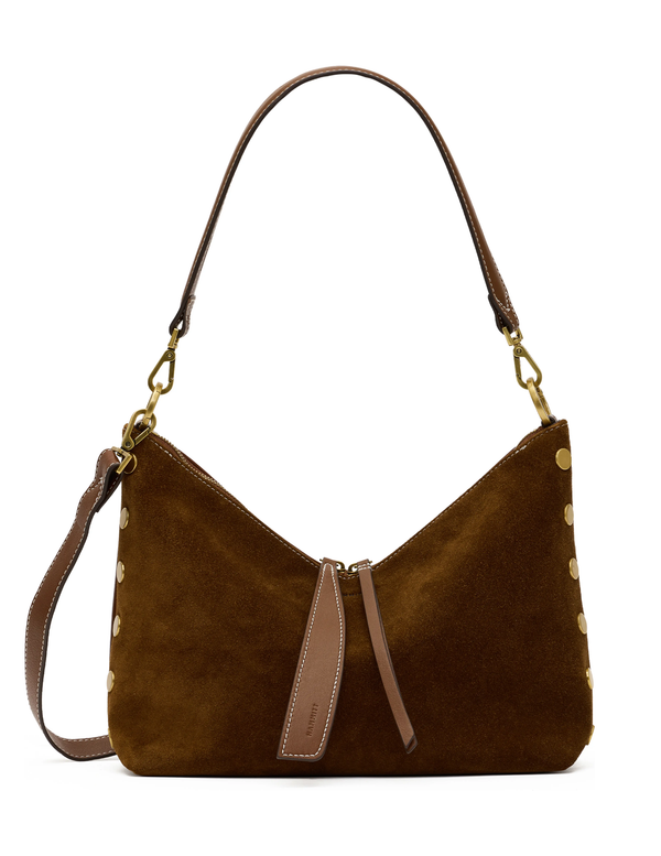 A brown suede shoulder bag with gold-tone hardware, a single shoulder strap, and a detachable crossbody strap, shown against a plain white background.