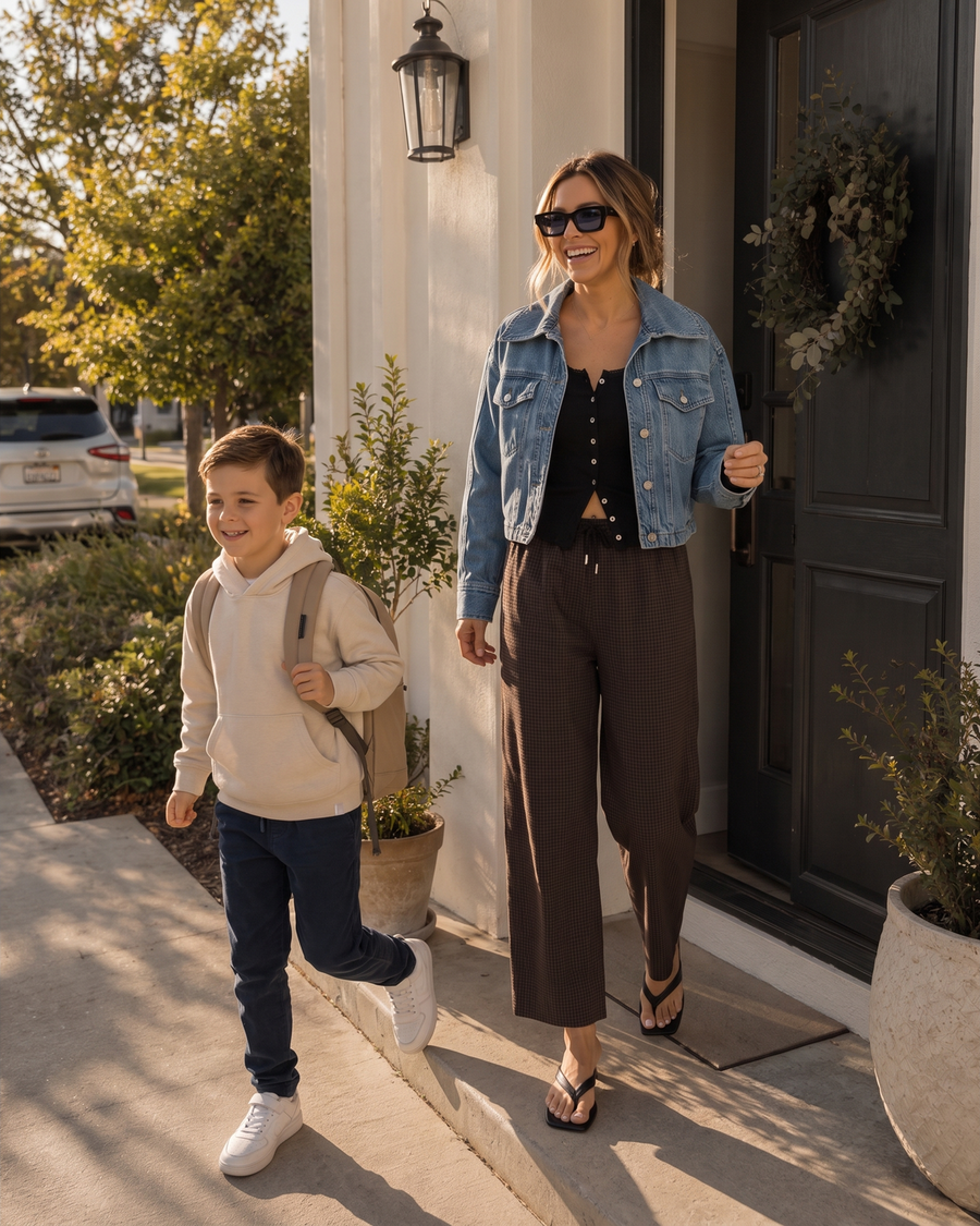 The Easy Layer outfit from Shop Common Thread, the Side to Side jacket and Sage jacket over a Lainey pointelle tank