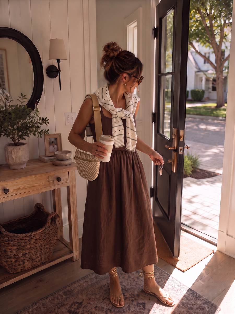 The Do-It-All Dress outfit from Shop Common Thread, the Mia Dress styled with a Darby stripe sweater