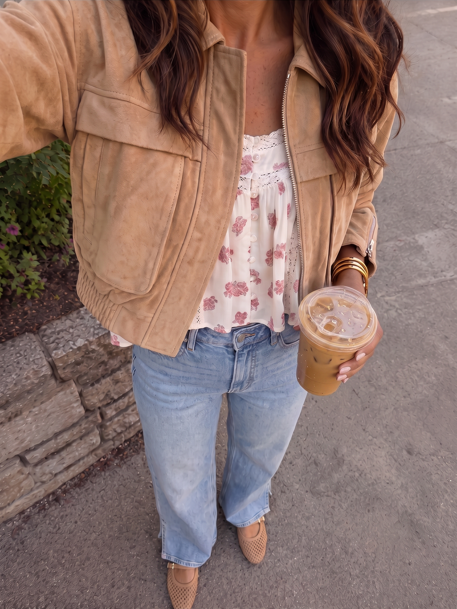 Coffee Run Ready outfit from Shop Common Thread, the Ellen top with Paige Anessa wide leg jeans, a Spin Off jacket and Nolita flats